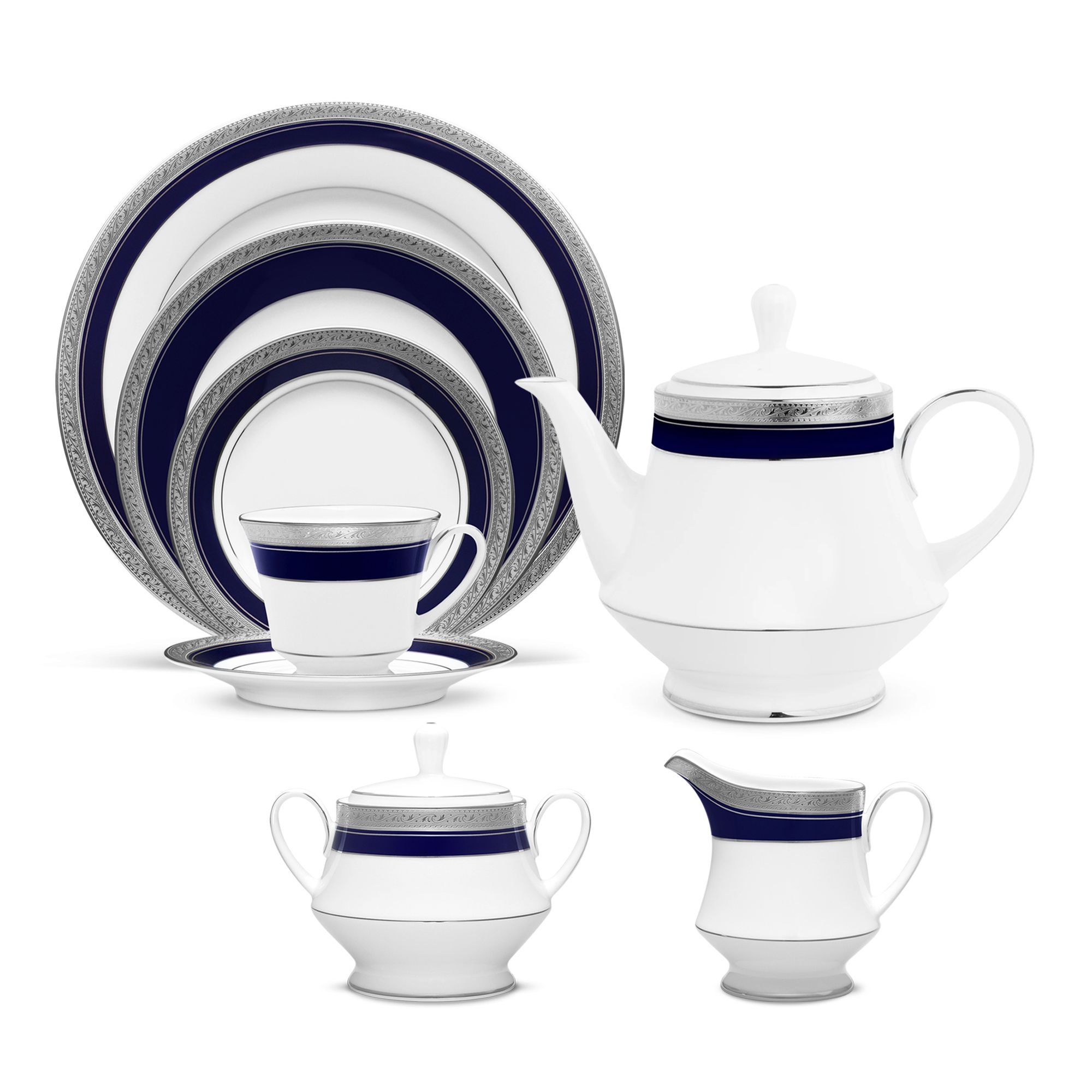 Bộ ấm chén uống trà (ấm 1.200ml, chén 230ml) 18 món sứ trắng | Noritake Crestwood Cobalt Platinum 4170L - T020A