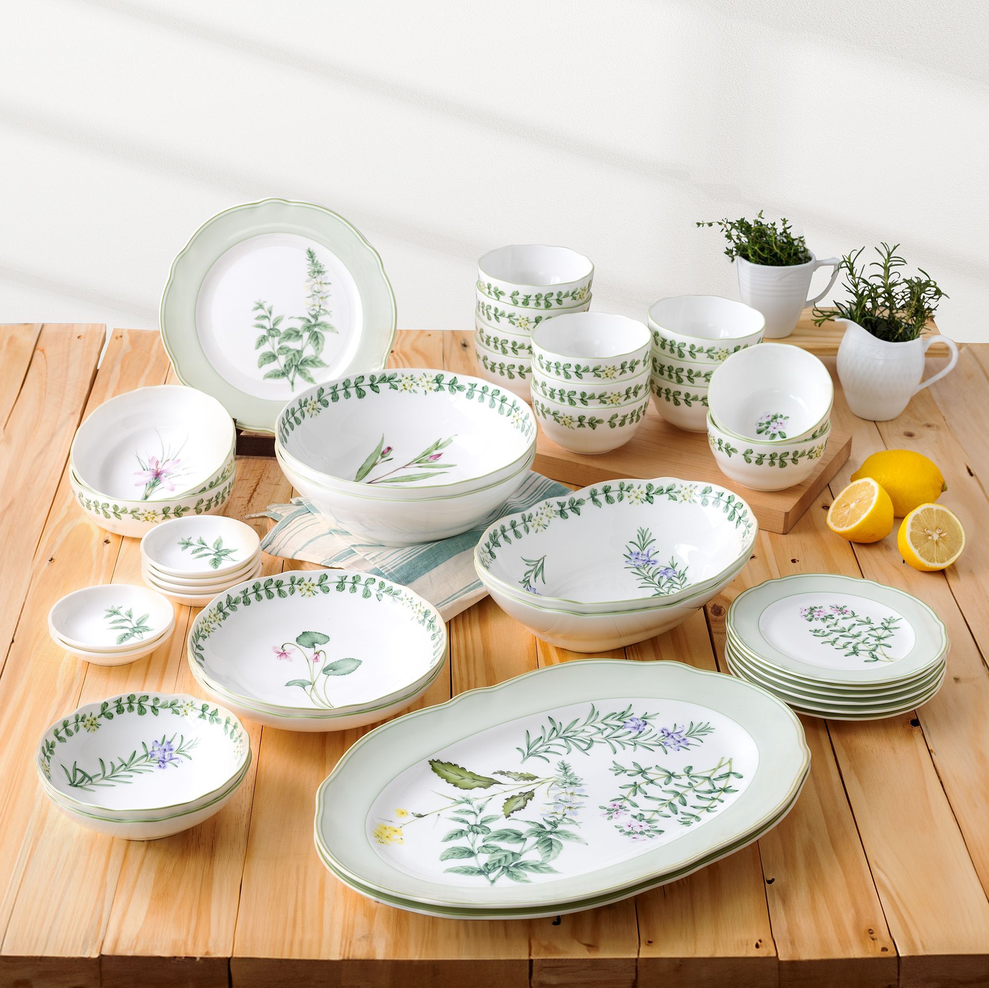 Bộ bát đĩa ăn châu Á đầy đủ 38 món (cho 6 người) sứ xương | Noritake English Herbs 4942L - D038AN