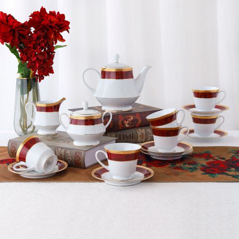  Bộ ấm chén uống trà (ấm 1.200ml, chén 230ml) (đỏ - Ruby) 15 món sứ trắng | Noritake Majestic Burgun M-166L - T017A 