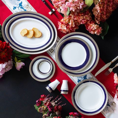  Bộ bát đĩa ăn châu Á cơ bản 22 món (cho 6 người) sứ trắng | Noritake Crestwood Cobalt Platinum 4170L - D022AB 