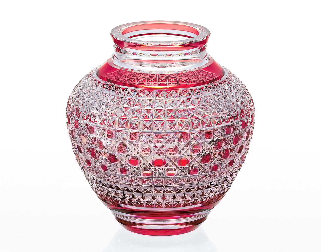 Bình hoa (lọ hoa) pha lê 'Hemp Leaf & Octagonal Basketweave' 20cm thân bầu màu xanh đỏ | Kagami Crystal F475 - 2314-CAU