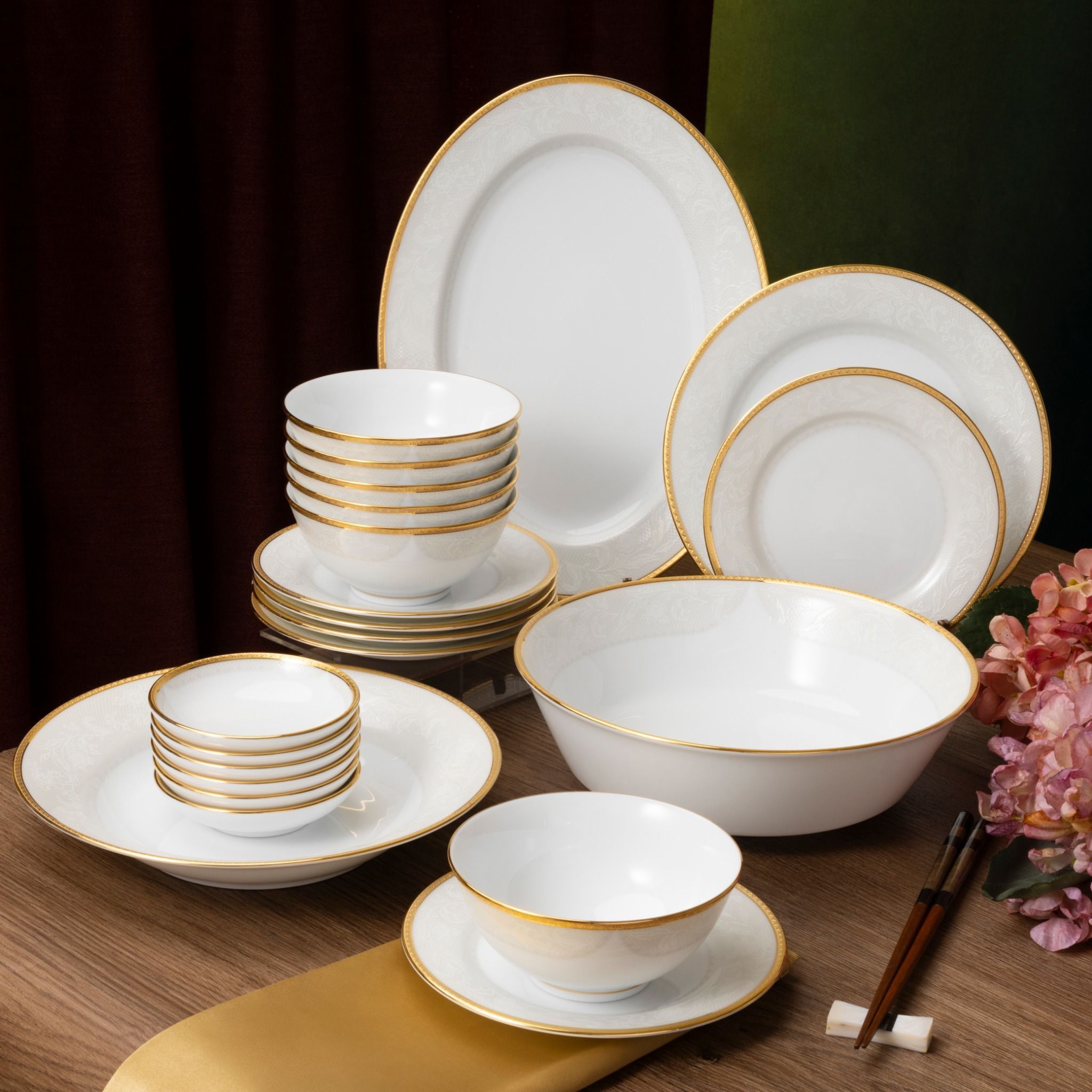 Bộ bát đĩa ăn châu Á cơ bản 22 món (cho 6 người) sứ trắng | Noritake Flanders Gold 1714L - D022AB