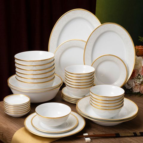  Bộ bát đĩa ăn châu Á đầy đủ 38 món (cho 6 người) sứ trắng | Noritake Flanders Gold 1714L - D038AB 