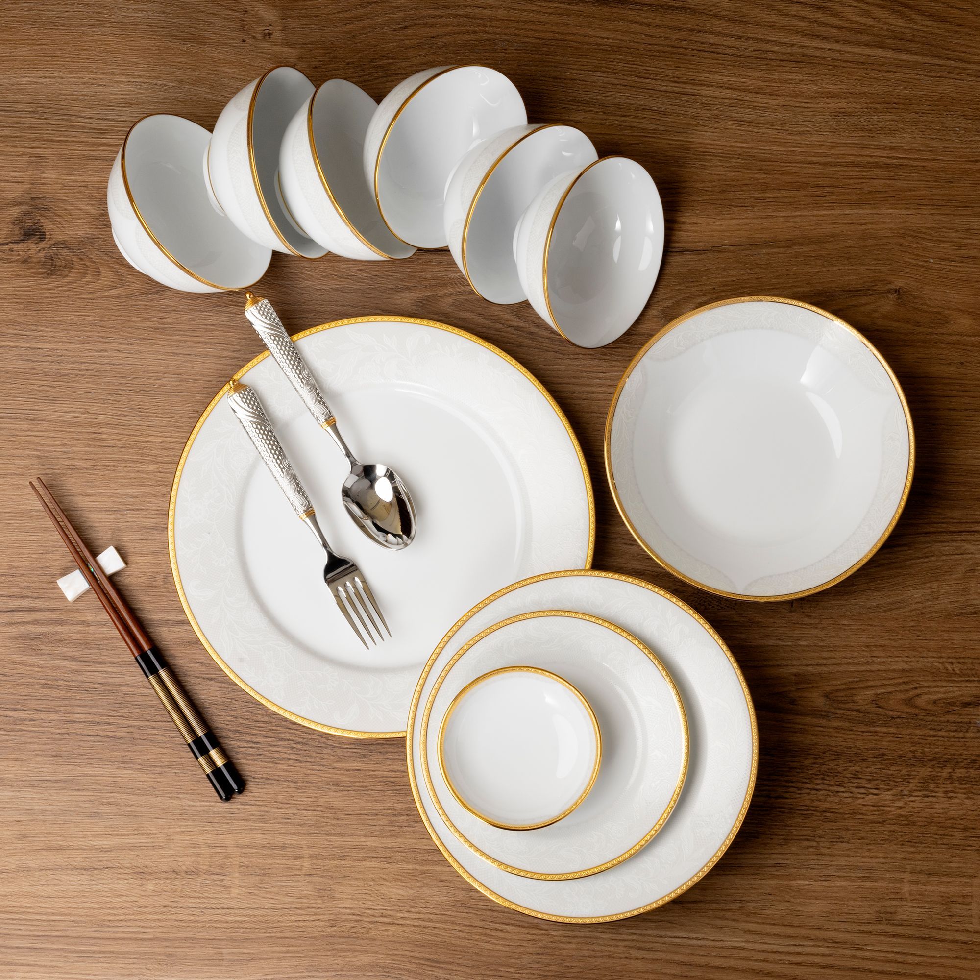 Bộ bát đĩa ăn châu Á cơ bản 22 món (cho 6 người) sứ trắng | Noritake Flanders Gold 1714L - D022AB