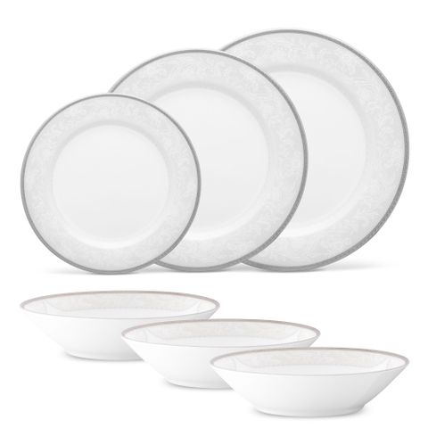  Bộ đĩa ăn kiểu Âu 22 món (cho 6 người) sứ trắng | Noritake Flanders Platinum 1715L - D024AL 