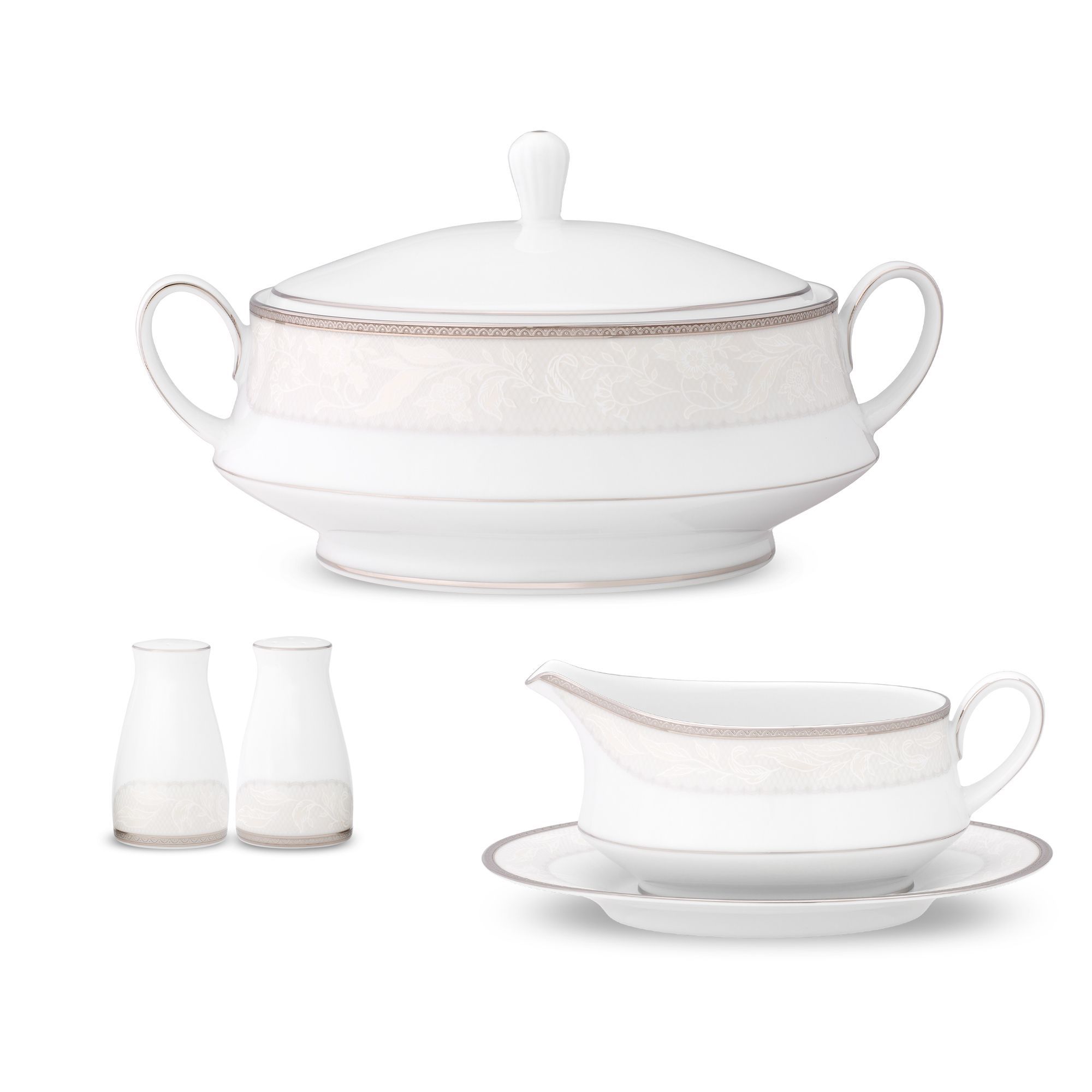 Bộ đĩa ăn kiểu Âu 22 món (cho 6 người) sứ trắng | Noritake Flanders Platinum 1715L - D024AL