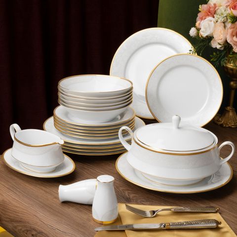  Bộ đĩa ăn kiểu Âu 22 món (cho 6 người) sứ trắng | Noritake Flanders Gold 1714L - D024AL 