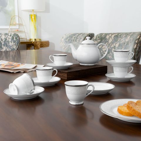 Bộ ấm chén uống trà nhỏ (ấm 780ml, chén 90ml) 13 món sứ trắng | Noritake Flanders Platinum 1715L - T014S 