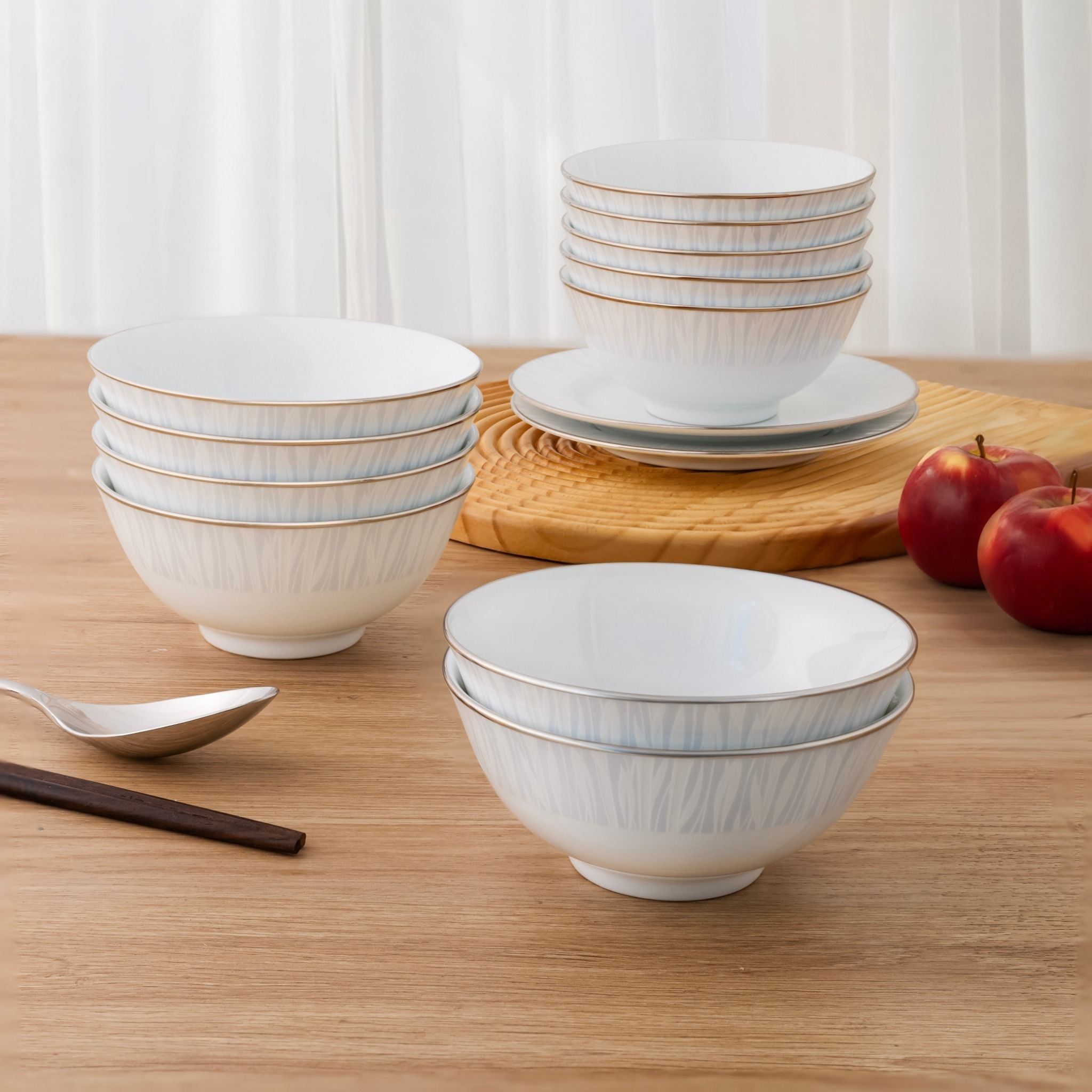 Bộ bát đĩa ăn châu Á cơ bản 22 món (cho 6 người) sứ trắng | Noritake Glacier Platinum 1702L - D022AB