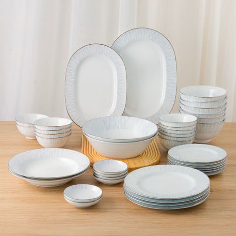  Bộ bát đĩa ăn châu Á đầy đủ 38 món (cho 6 người) sứ trắng | Noritake Glacier Platinum 1702L - D038AB 