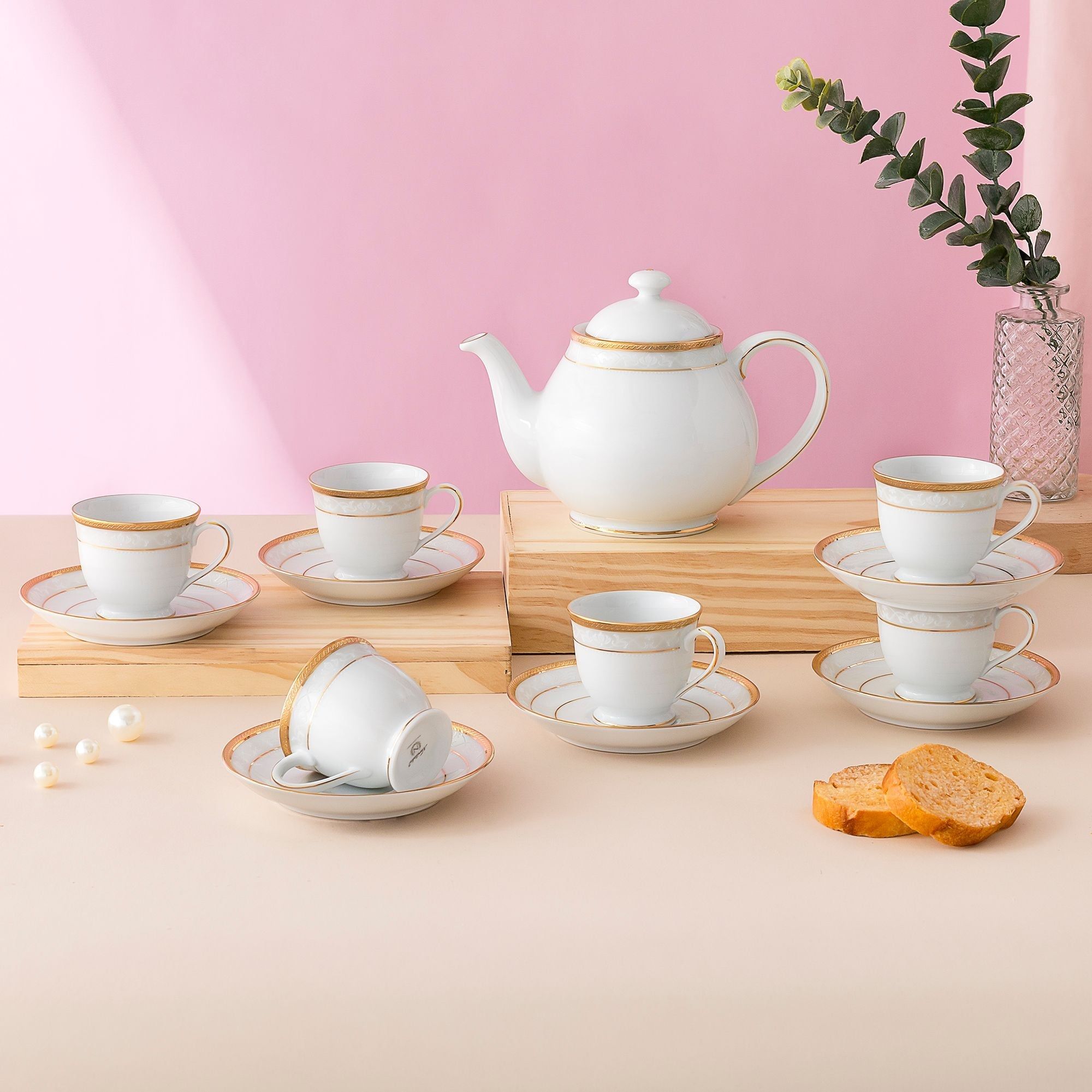 Bộ ấm chén uống trà nhỏ (ấm 780ml, chén 90ml) 13 món sứ trắng | Noritake Hampshire Gold 4335L - T014S