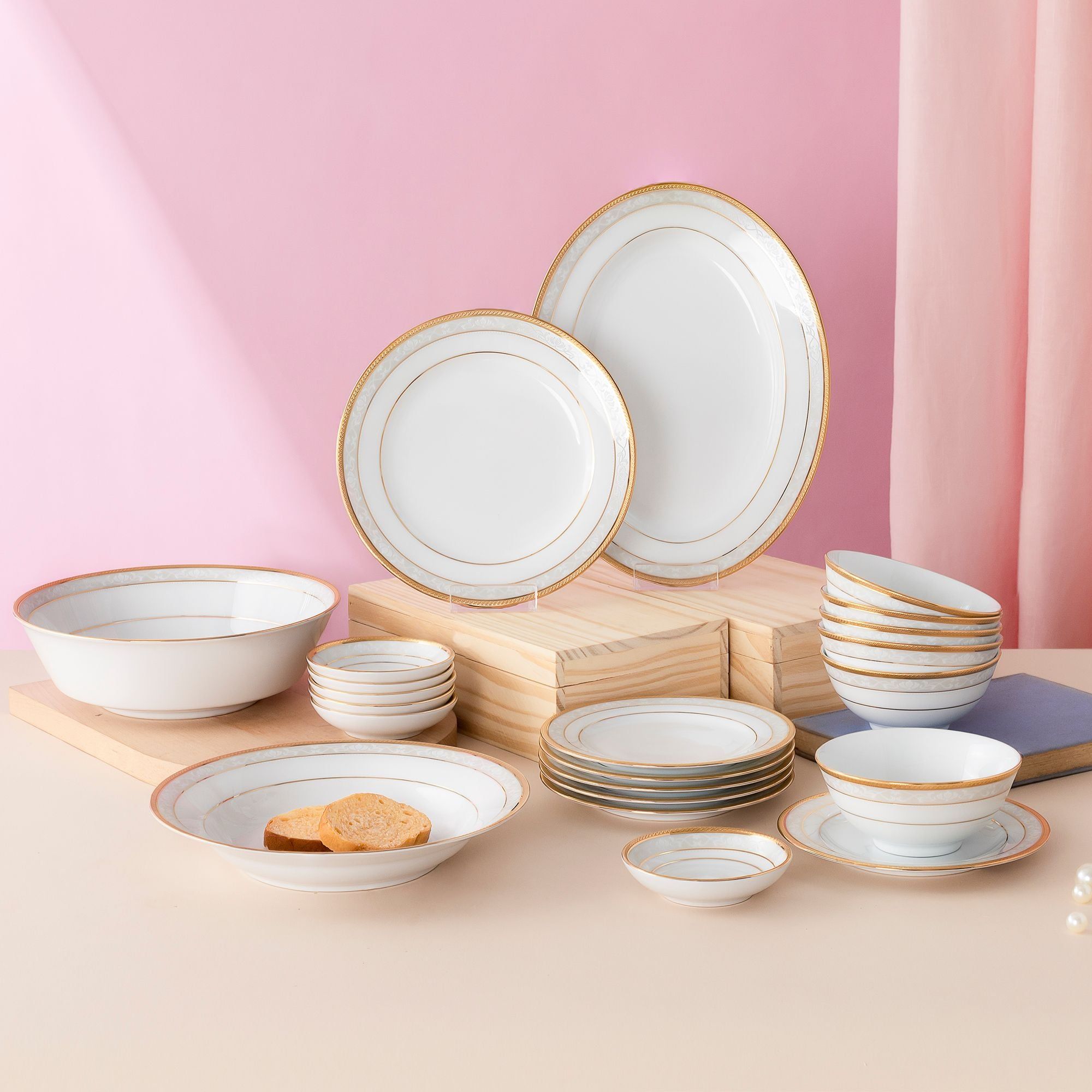 Bộ bát đĩa ăn châu Á cơ bản 22 món (cho 6 người) sứ trắng | Noritake Hampshire Gold 4335L - D022AB