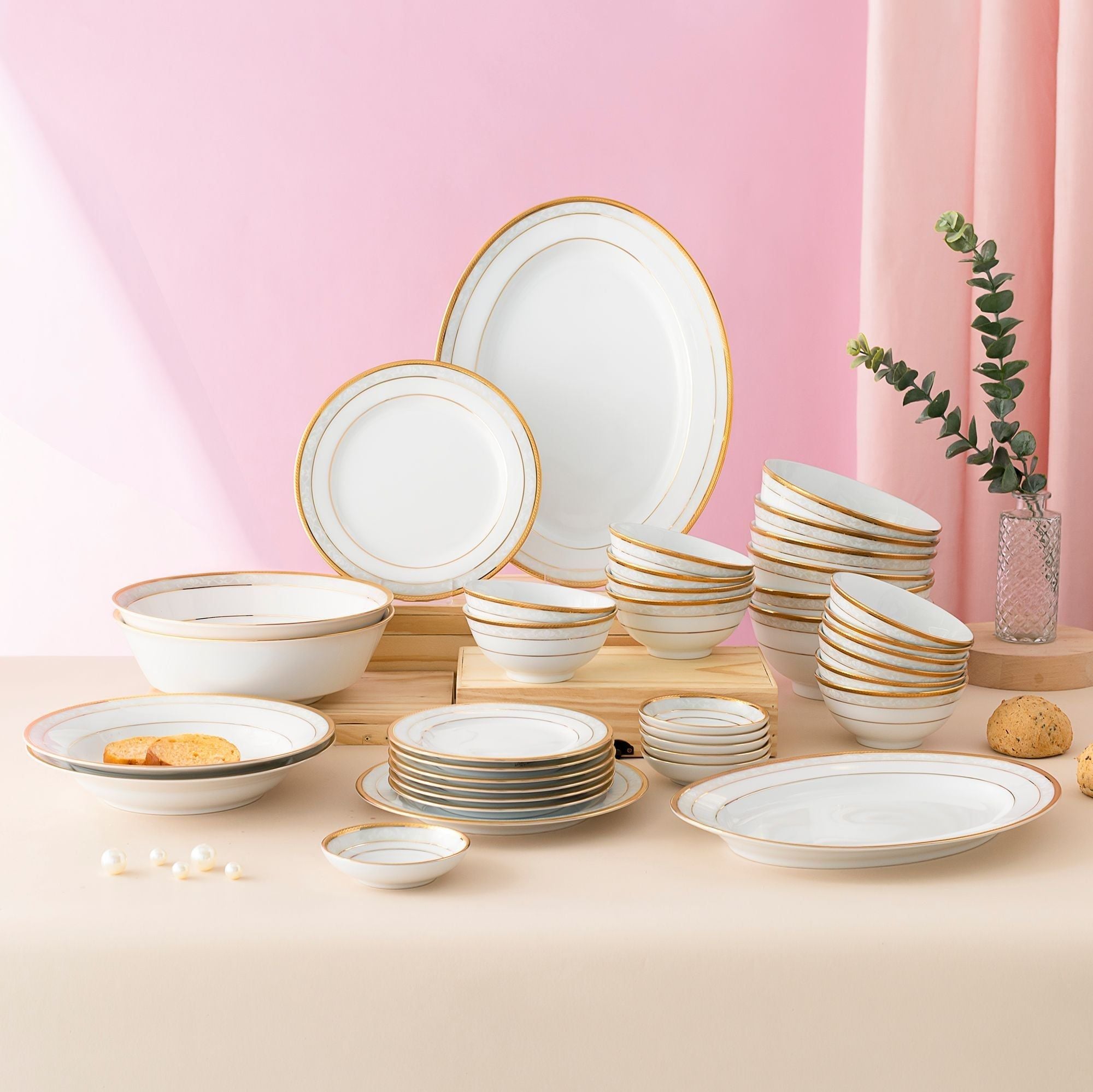 Bộ bát đĩa ăn châu Á đầy đủ 38 món (cho 6 người) sứ trắng | Noritake Hampshire Gold 4335L - D038AB