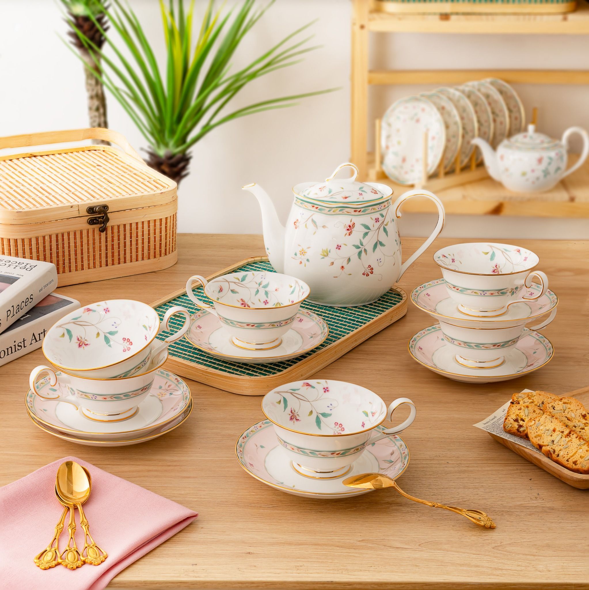 Bộ ấm chén uống trà (ấm 960ml, chén 215ml màu hồng) 13 món sứ xương | Noritake Hana Sarasa 4409-5L - T014A