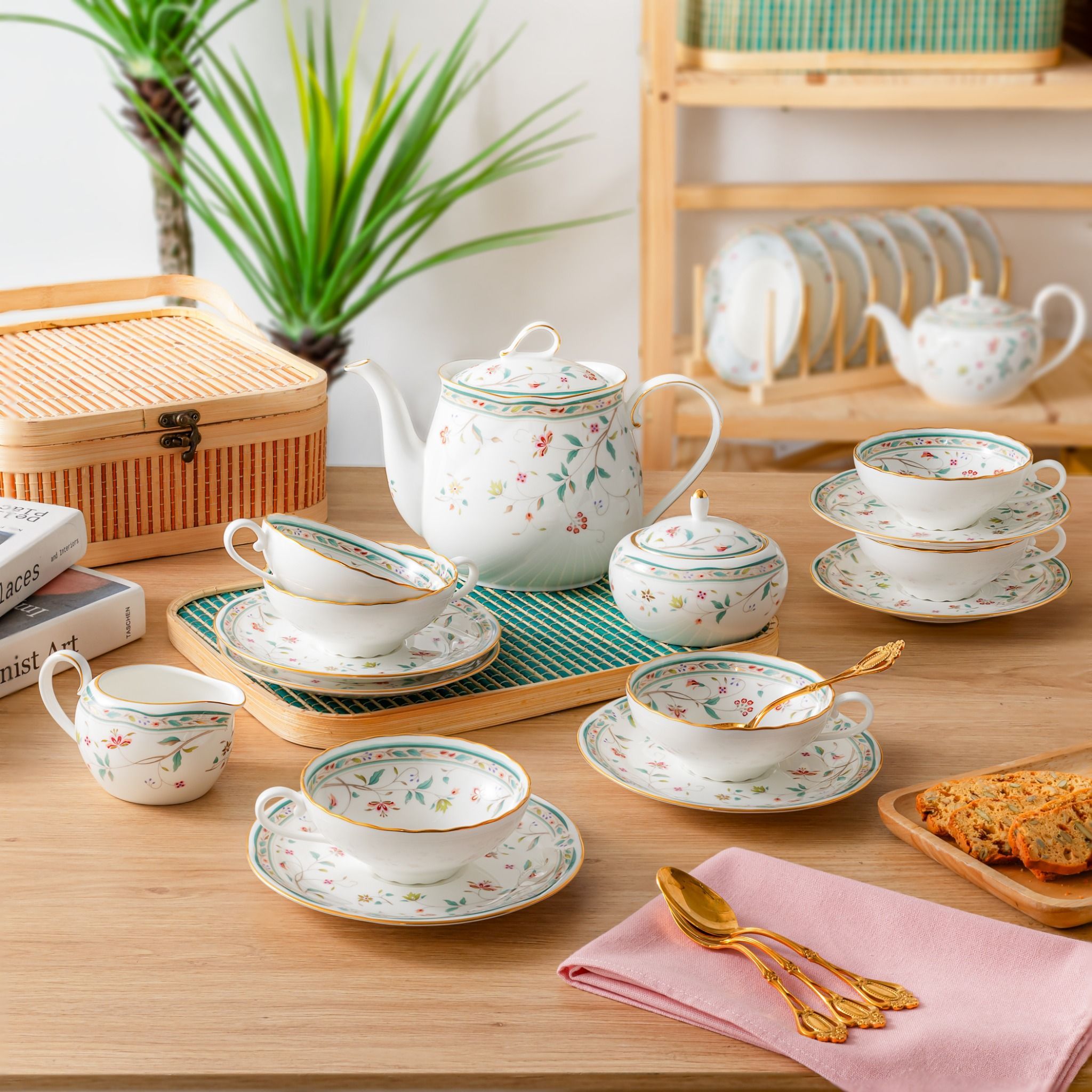 Bộ ấm chén uống trà (ấm 960ml, chén 180ml) 15 món sứ xương | Noritake Hana Sarasa 4409L - T017L