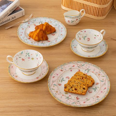  Cặp chén trà 215ml & đĩa bánh 21cm (xanh - hồng) 6 món sứ xương | Noritake Hana Sarasa 4409-56L - P50717A 