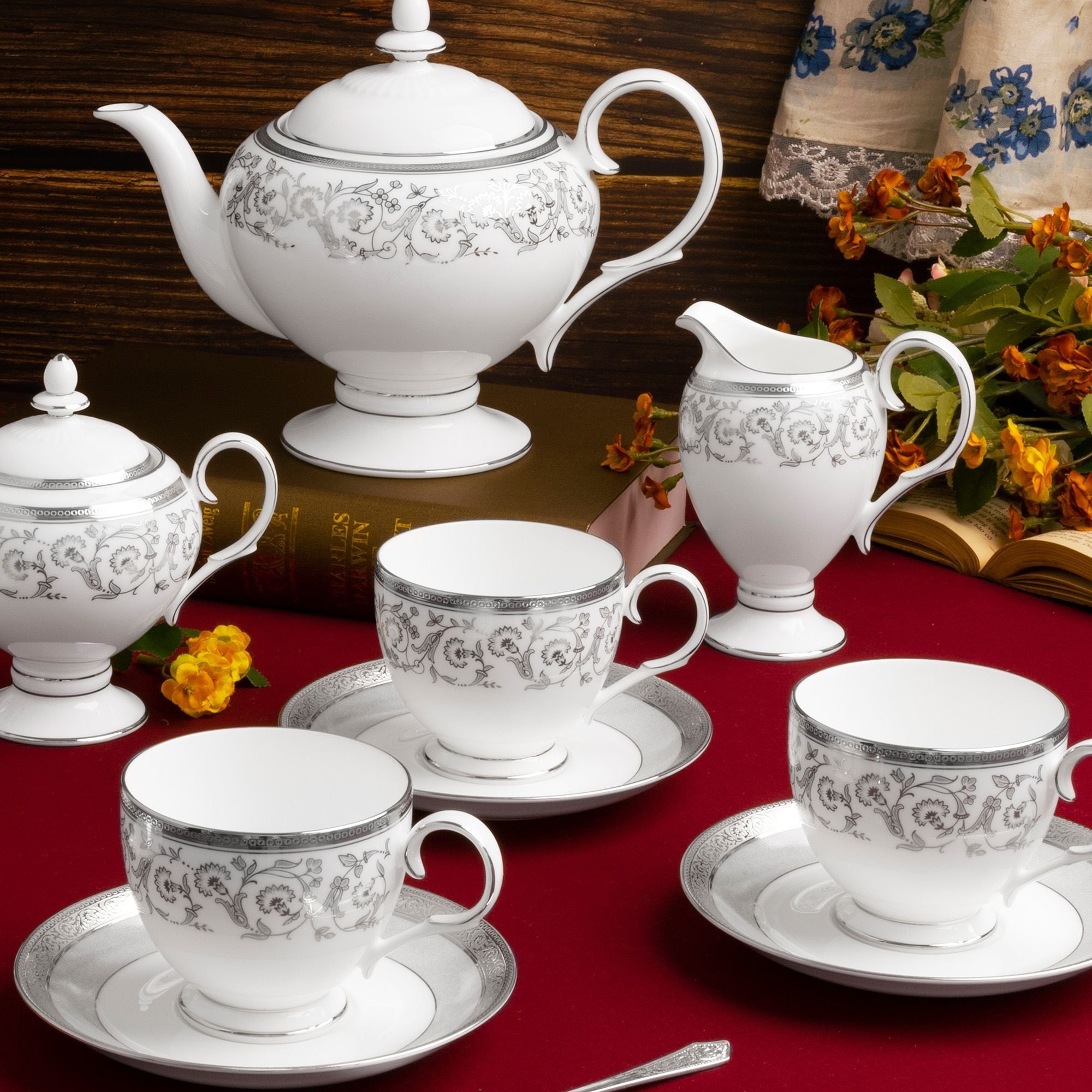 Bộ ấm chén uống trà (ấm 1.050ml, chén 250ml) 15 món sứ xương | Noritake Summit Platinum 4919L - T017A