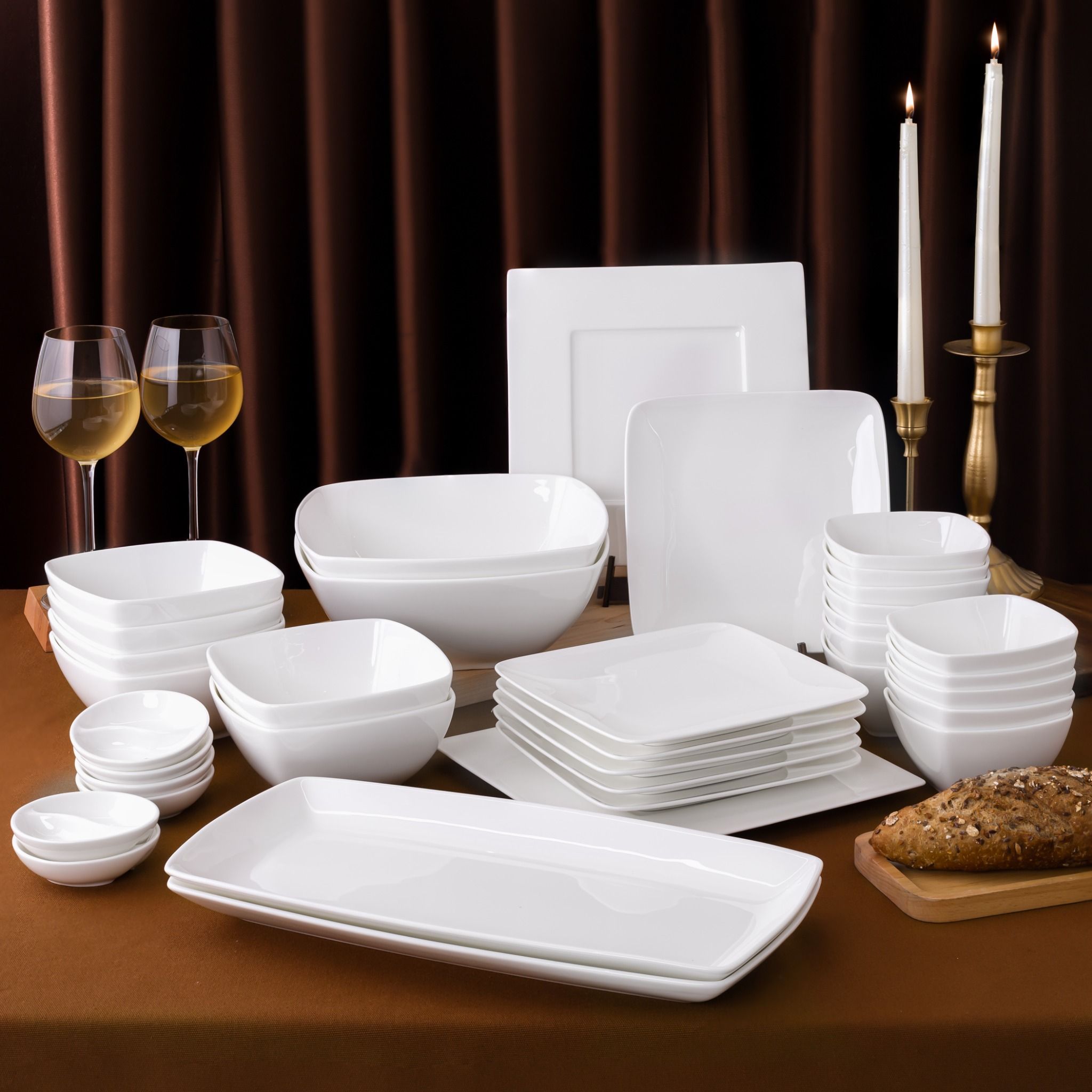 Bộ bát đĩa ăn châu Á đầy đủ 38 món (đĩa vuông, cho 6 người) sứ xương | Noritake Plain White 9990L - D038AV