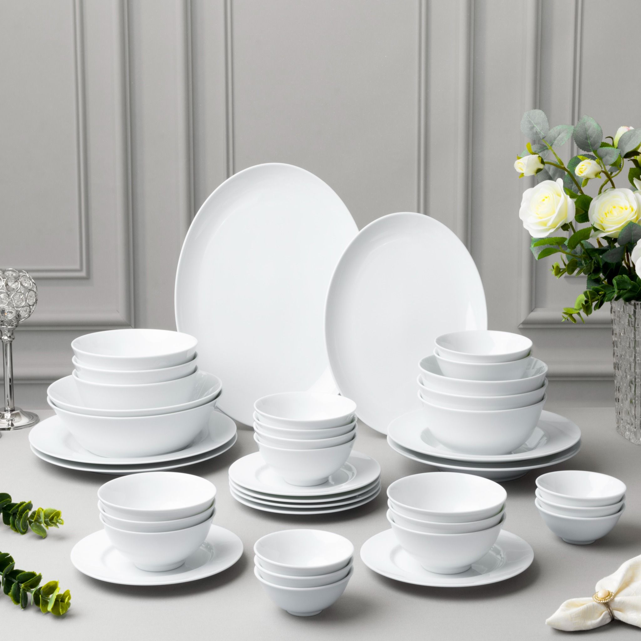 Bộ bát đĩa ăn châu Á 38 món (đĩa tròn, bát cơm 12,2cm cho 6 người) sứ trắng | Noritake Art Stage 4257L - D038AS