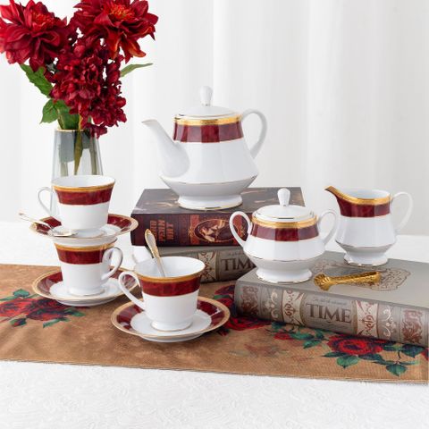  Bộ ấm chén uống trà (ấm 1.200ml, chén 230ml) (đỏ - Ruby) 15 món sứ trắng | Noritake Majestic Burgun M-166L - T017A 