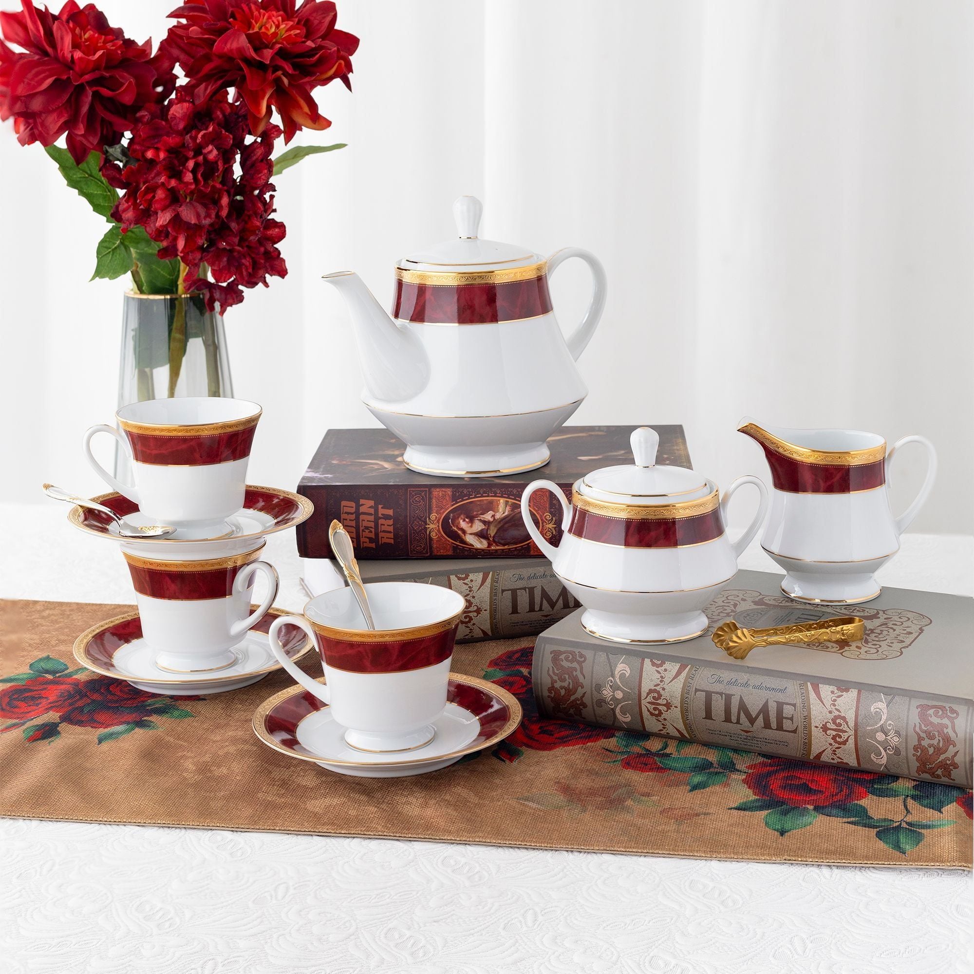 Bộ ấm chén uống trà (ấm 1.200ml, chén 230ml) (đỏ - Ruby) 15 món sứ trắng | Noritake Majestic Burgun M-166L - T017A