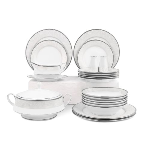  Bộ đĩa ăn kiểu Âu 22 món (cho 6 người) sứ trắng | Noritake Flanders Platinum 1715L - D024AL 