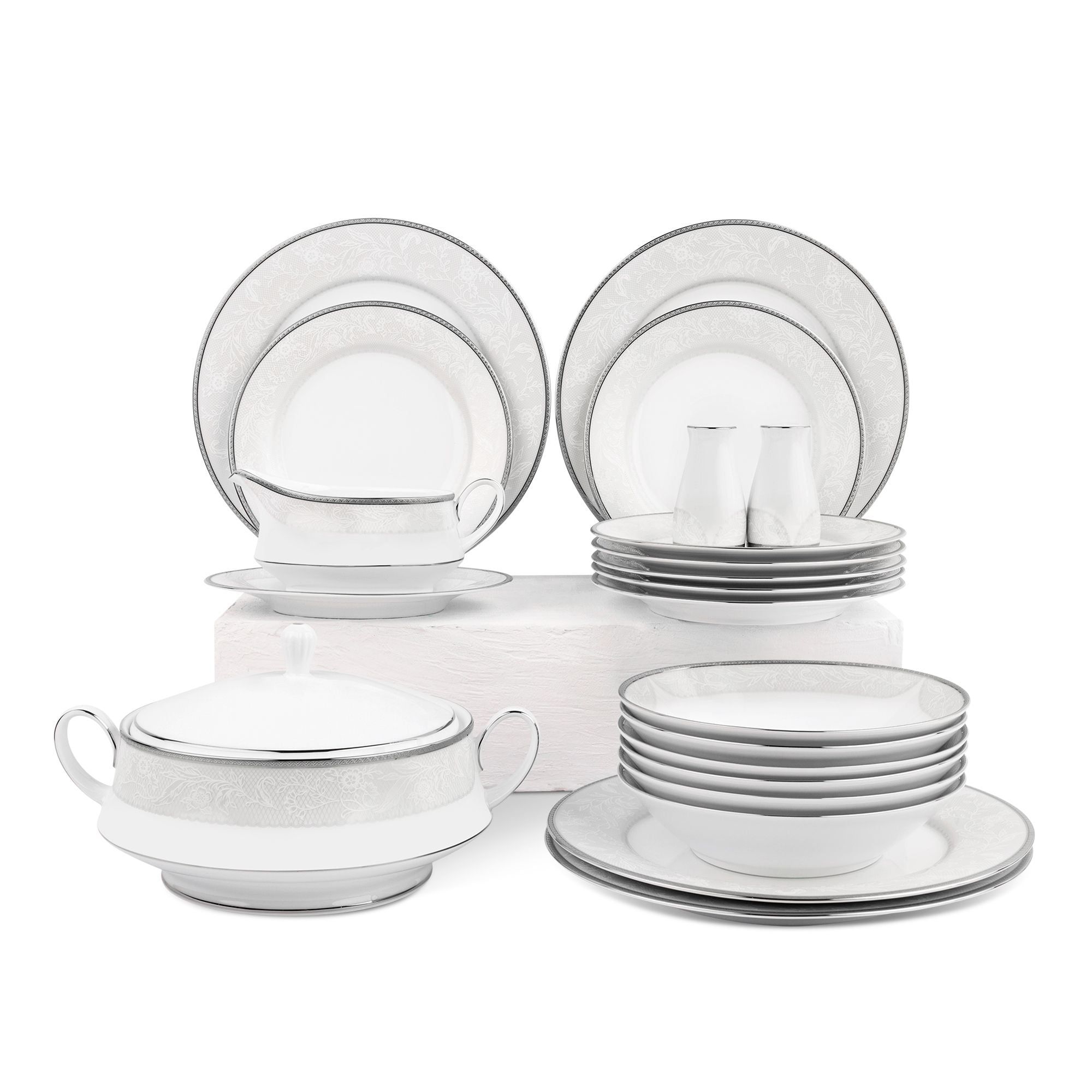 Bộ đĩa ăn kiểu Âu 22 món (cho 6 người) sứ trắng | Noritake Flanders Platinum 1715L - D024AL