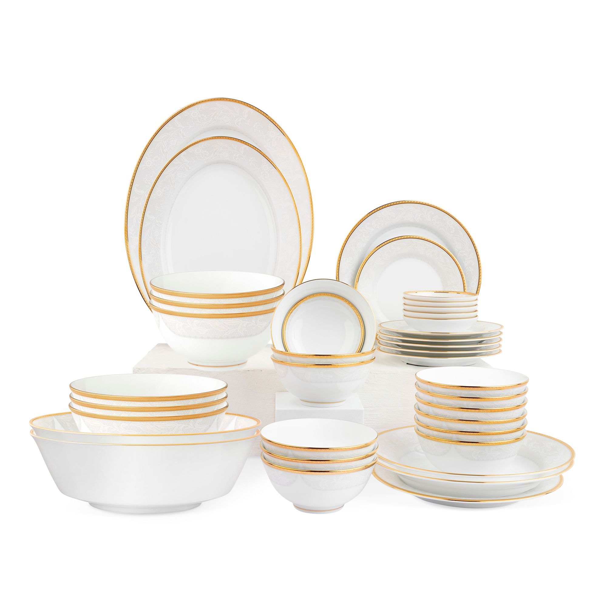 Bộ bát đĩa ăn châu Á đầy đủ 38 món (cho 6 người) sứ trắng | Noritake Flanders Gold 1714L - D038AB