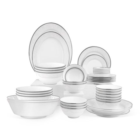  Bộ bát đĩa ăn châu Á đầy đủ 38 món (cho 6 người) sứ trắng | Noritake Flanders Platinum 1715L - D038AB 