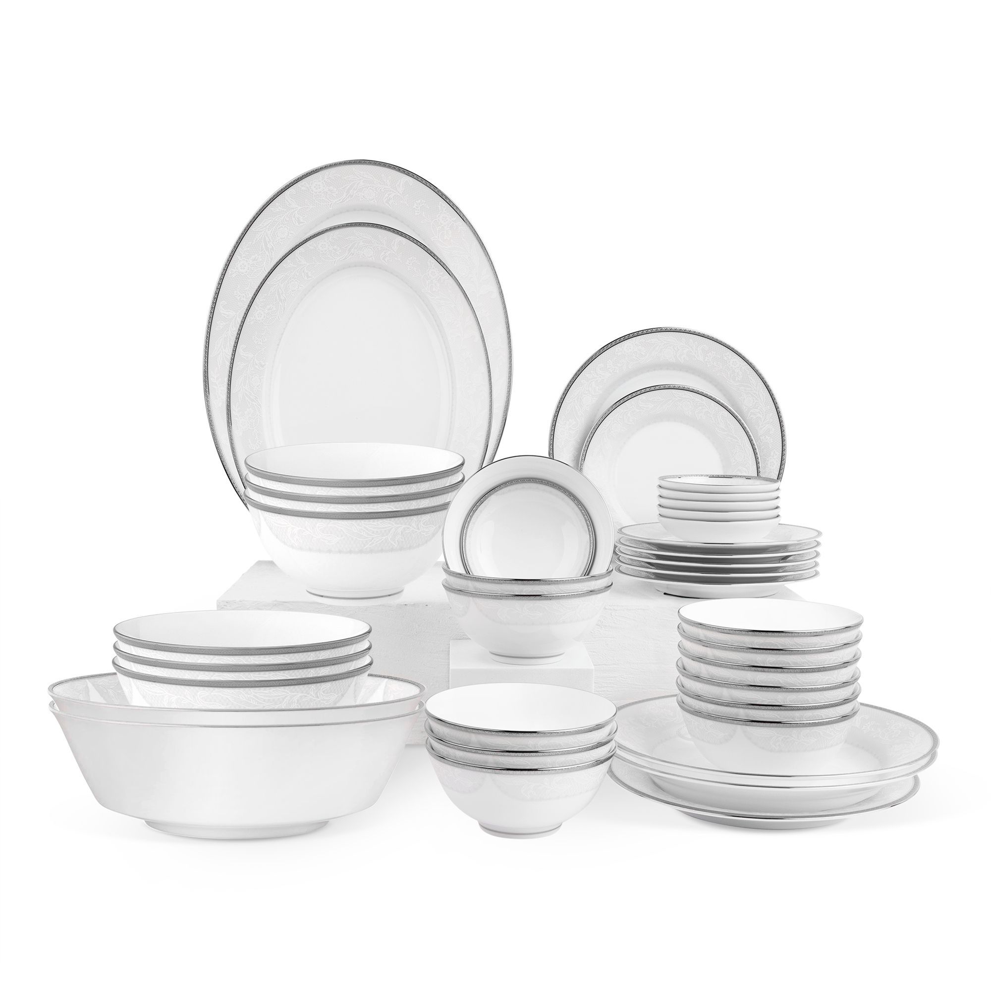 Bộ bát đĩa ăn châu Á đầy đủ 38 món (cho 6 người) sứ trắng | Noritake Flanders Platinum 1715L - D038AB