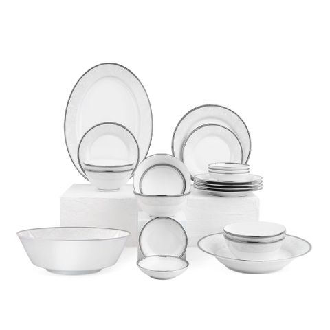  Bộ bát đĩa ăn châu Á cơ bản 22 món (cho 6 người) sứ trắng | Noritake Flanders Platinum 1715L - D022AB 