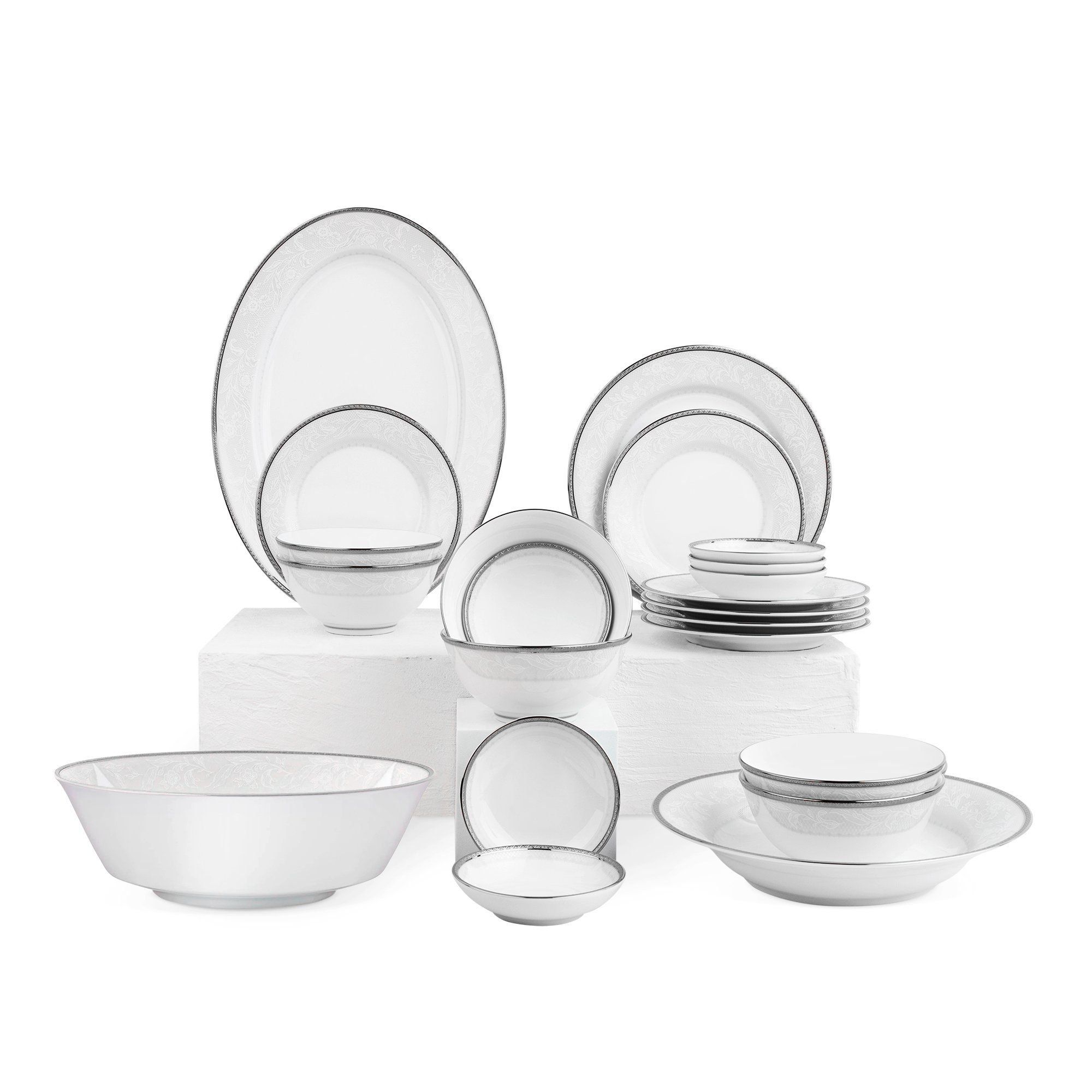 Bộ bát đĩa ăn châu Á cơ bản 22 món (cho 6 người) sứ trắng | Noritake Flanders Platinum 1715L - D022AB