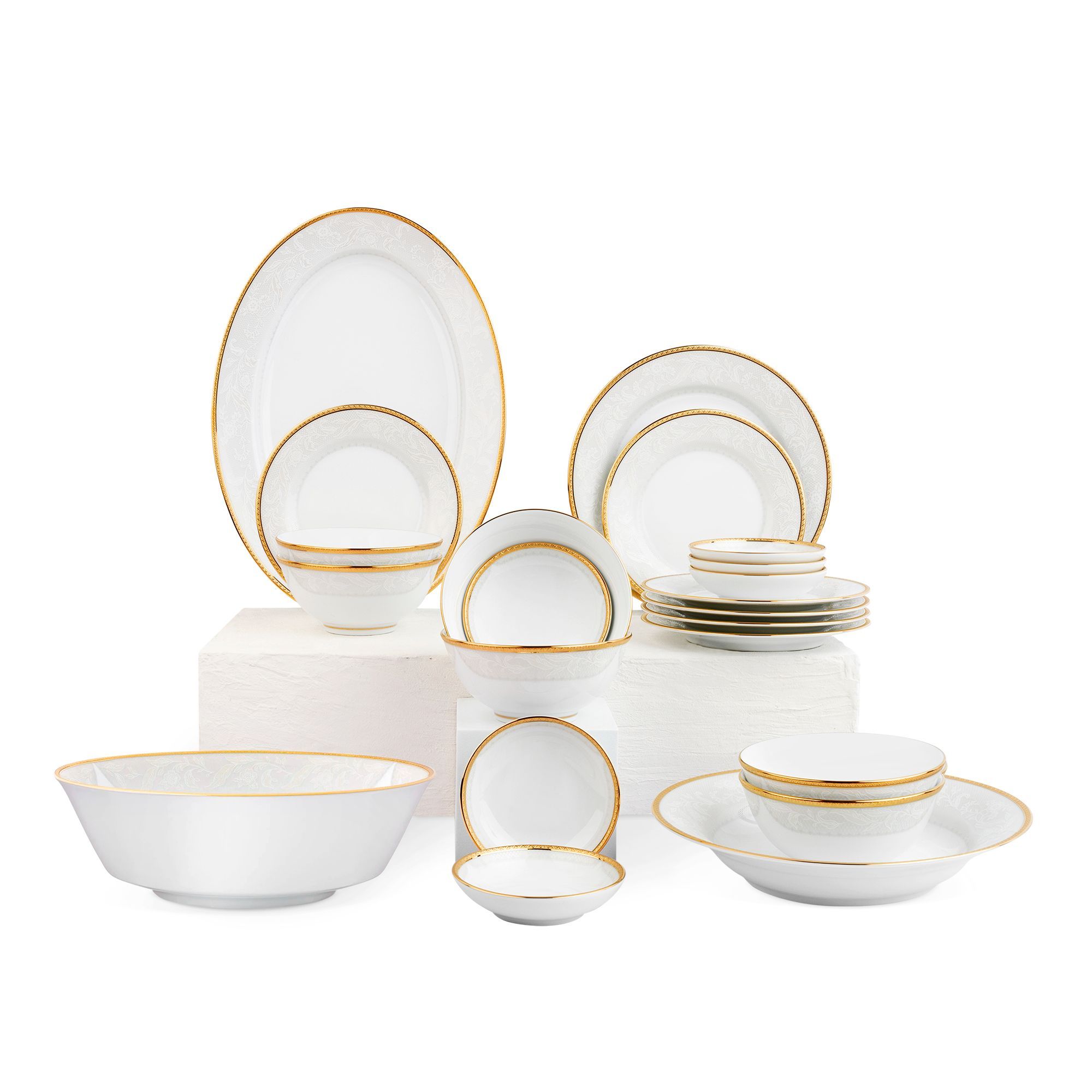 Bộ bát đĩa ăn châu Á cơ bản 22 món (cho 6 người) sứ trắng | Noritake Flanders Gold 1714L - D022AB