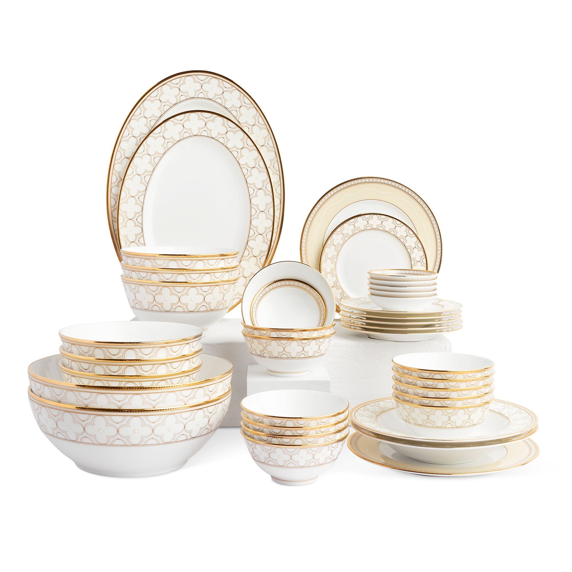 Bộ bát đĩa ăn châu Á đầy đủ 38 món (cho 6 người) sứ xương | Noritake Trefolio Gold 4945L - D038AD