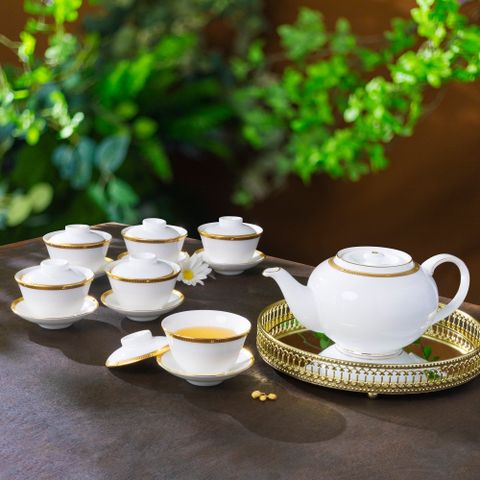  Bộ ấm chén trà châu Á (ấm 950ml, chén 160ml) 13 món sứ xương | Noritake Rochelle Gold 4796L - T014A 