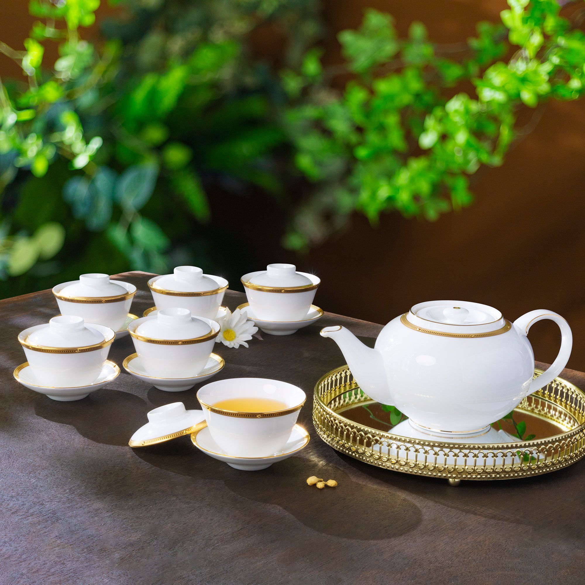 Bộ ấm chén trà châu Á (ấm 950ml, chén 160ml) 13 món sứ xương | Noritake Rochelle Gold 4796L - T014A