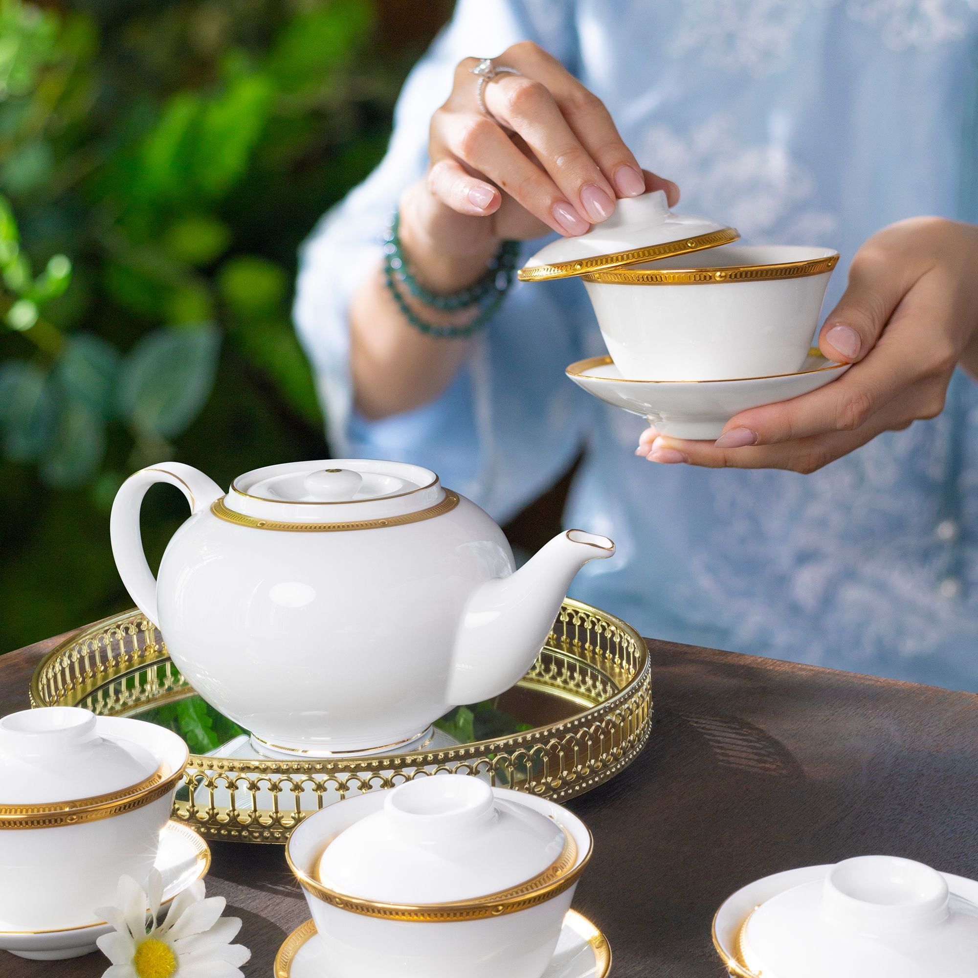 Bộ ấm chén trà châu Á (ấm 950ml, chén 160ml) 13 món sứ xương | Noritake Rochelle Gold 4796L - T014A