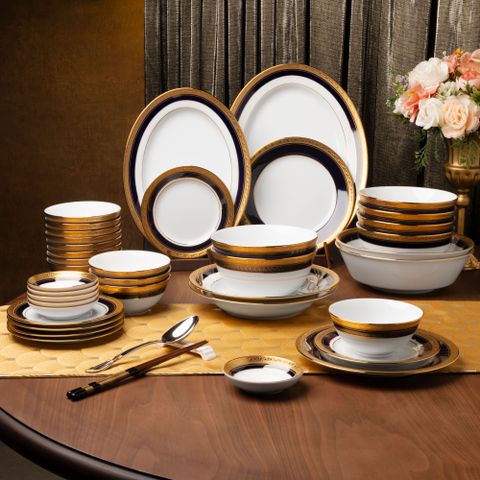  Bộ bát đĩa ăn châu Á đầy đủ 38 món (cho 6 người) sứ trắng | Noritake Crestwood Cobalt Gold 4171L - D038AB 
