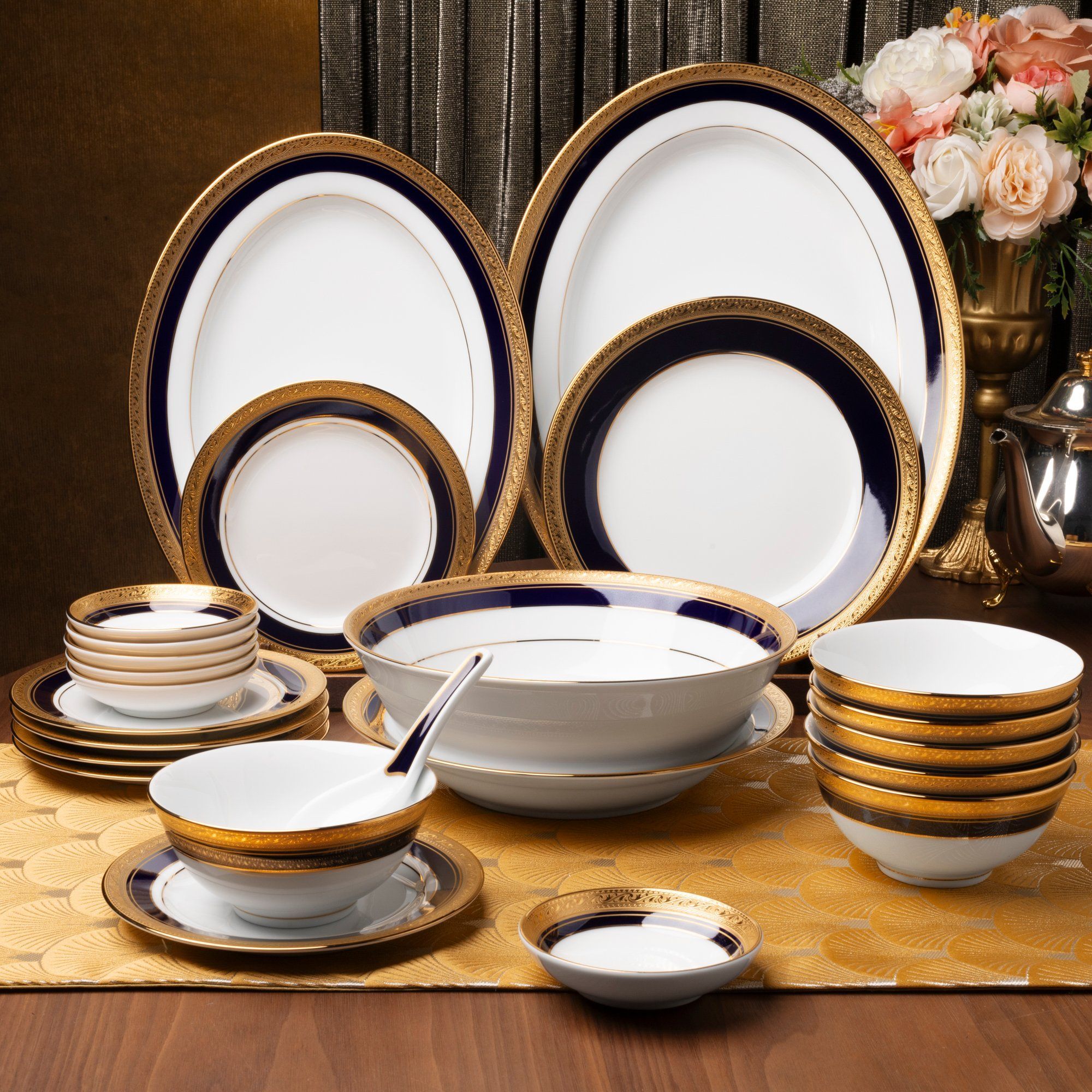 Bộ bát đĩa ăn châu Á cơ bản 22 món (cho 6 người) sứ trắng | Noritake Crestwood Cobalt Gold 4171L - D022AB