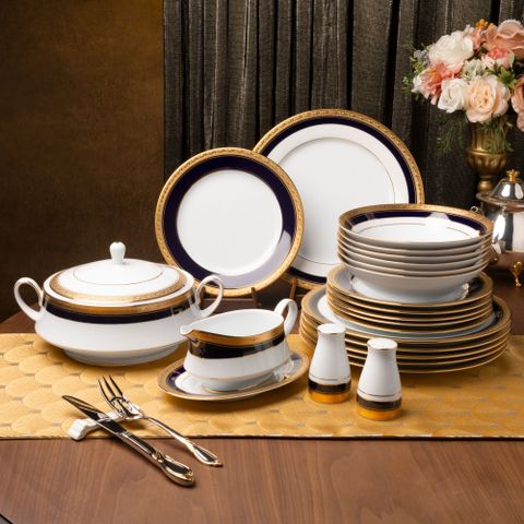  Bộ đĩa ăn kiểu Âu 22 món (cho 6 người) sứ trắng | Noritake Crestwood Cobalt Gold 4171L - D024AL 
