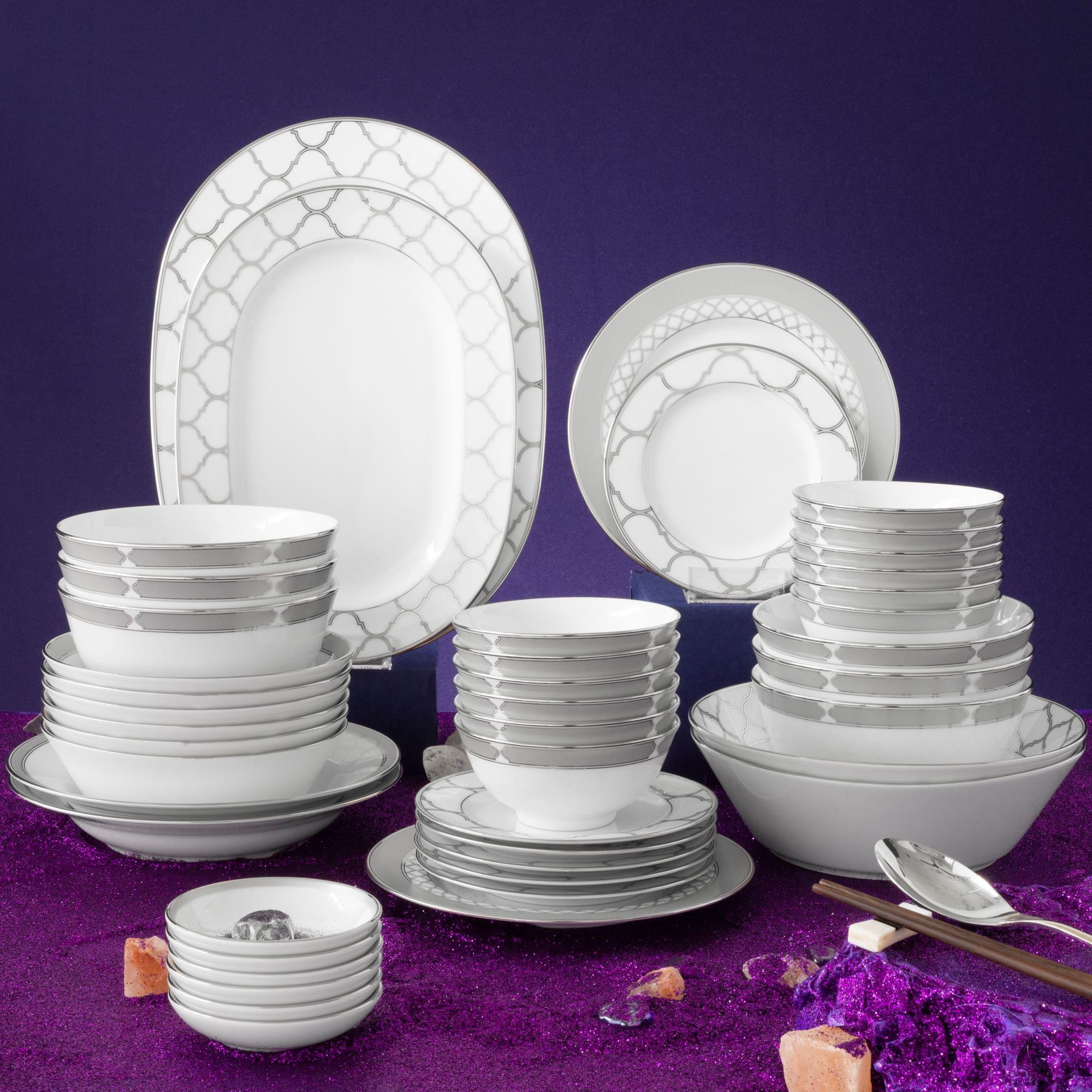 Bộ bát đĩa ăn châu Á đầy đủ 38 món (cho 6 người) sứ trắng | Noritake Eternal Palace 1717L - D038AB