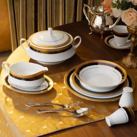  Bộ đĩa ăn kiểu Âu 22 món (cho 6 người) sứ trắng | Noritake Crestwood Cobalt Gold 4171L - D024AL 