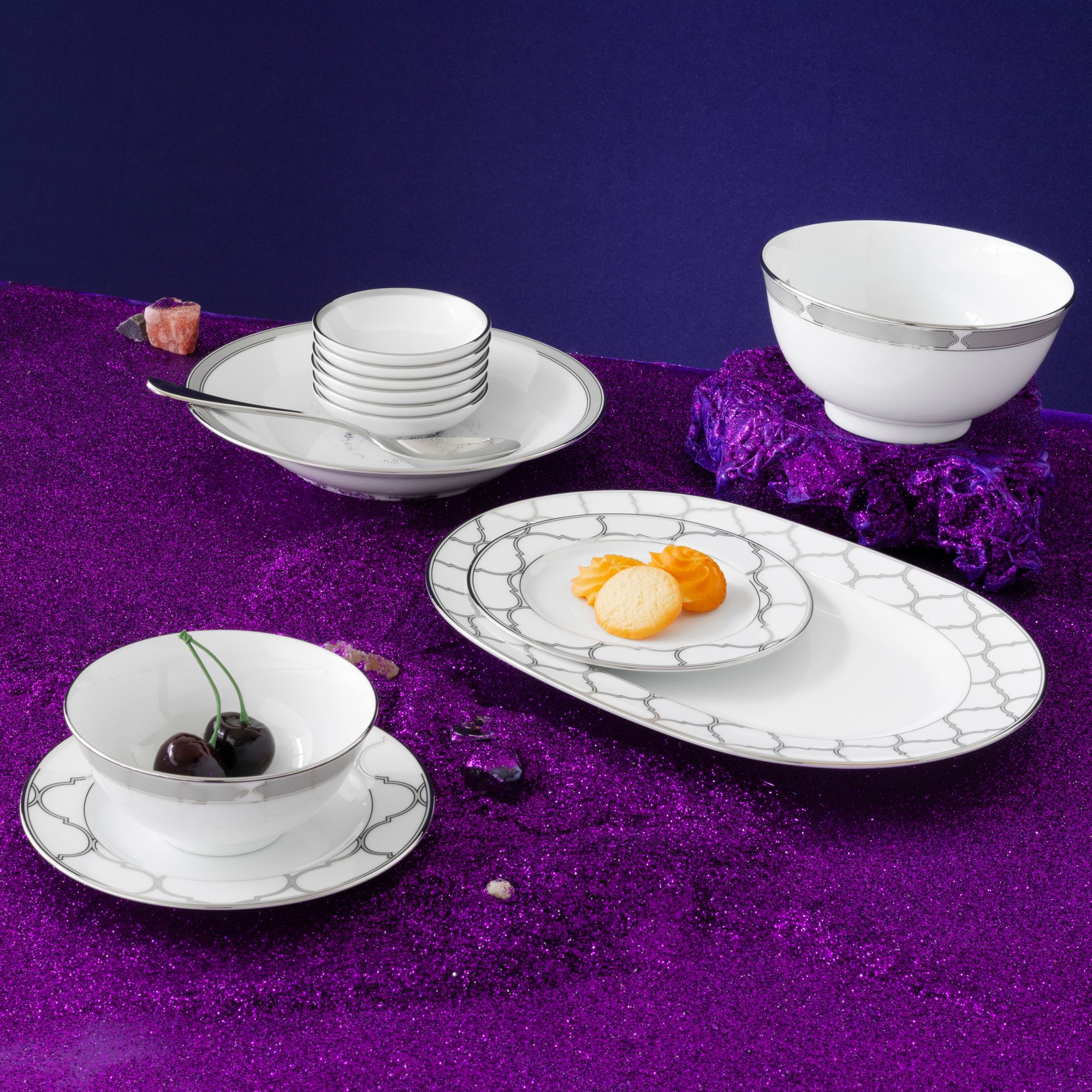 Bộ bát đĩa ăn châu Á đầy đủ 38 món (cho 6 người) sứ trắng | Noritake Eternal Palace 1717L - D038AB