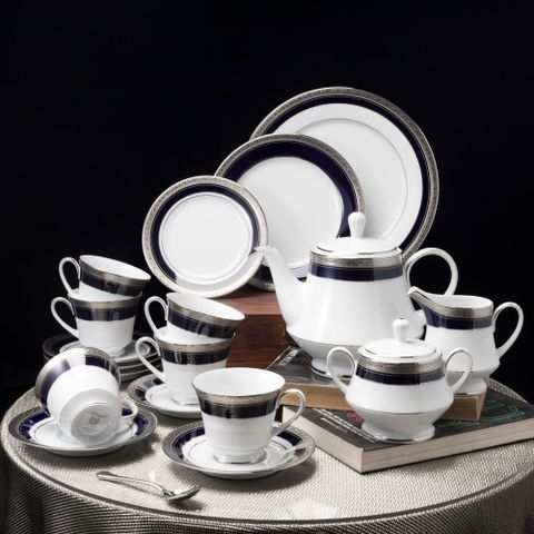  Bộ ấm chén uống trà (ấm 1.200ml, chén 230ml) 18 món sứ trắng | Noritake Crestwood Cobalt Platinum 4170L - T020A 