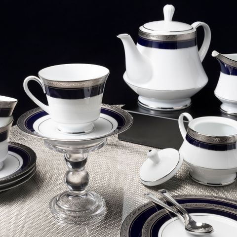  Bộ ấm chén uống trà (ấm 1.200ml, chén 230ml) 18 món sứ trắng | Noritake Crestwood Cobalt Platinum 4170L - T020A 
