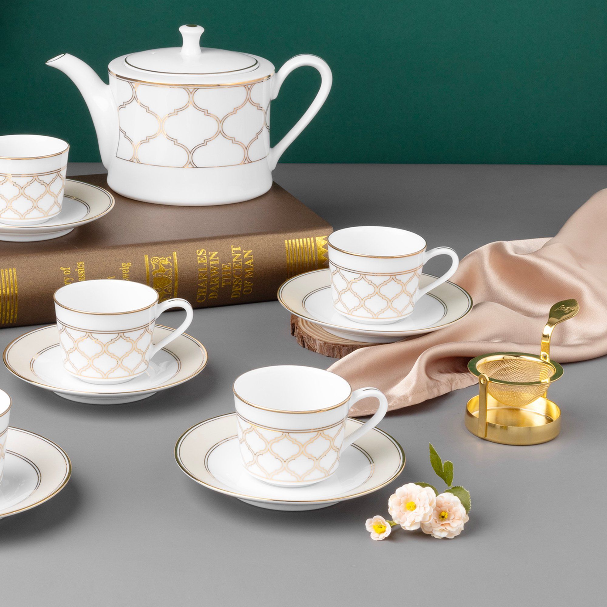 Bộ ấm chén uống trà nhỏ (ấm 630ml, chén 100ml) 13 món sứ trắng | Noritake Eternal Palace Gold 1728L - T014S