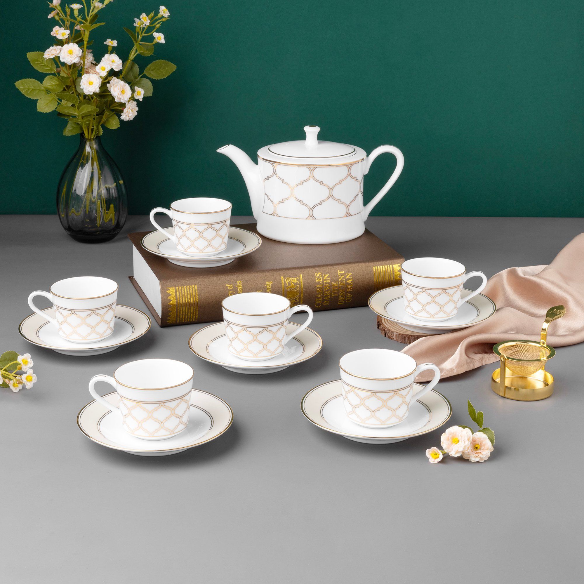 Bộ ấm chén uống trà nhỏ (ấm 630ml, chén 100ml) 13 món sứ trắng | Noritake Eternal Palace Gold 1728L - T014S