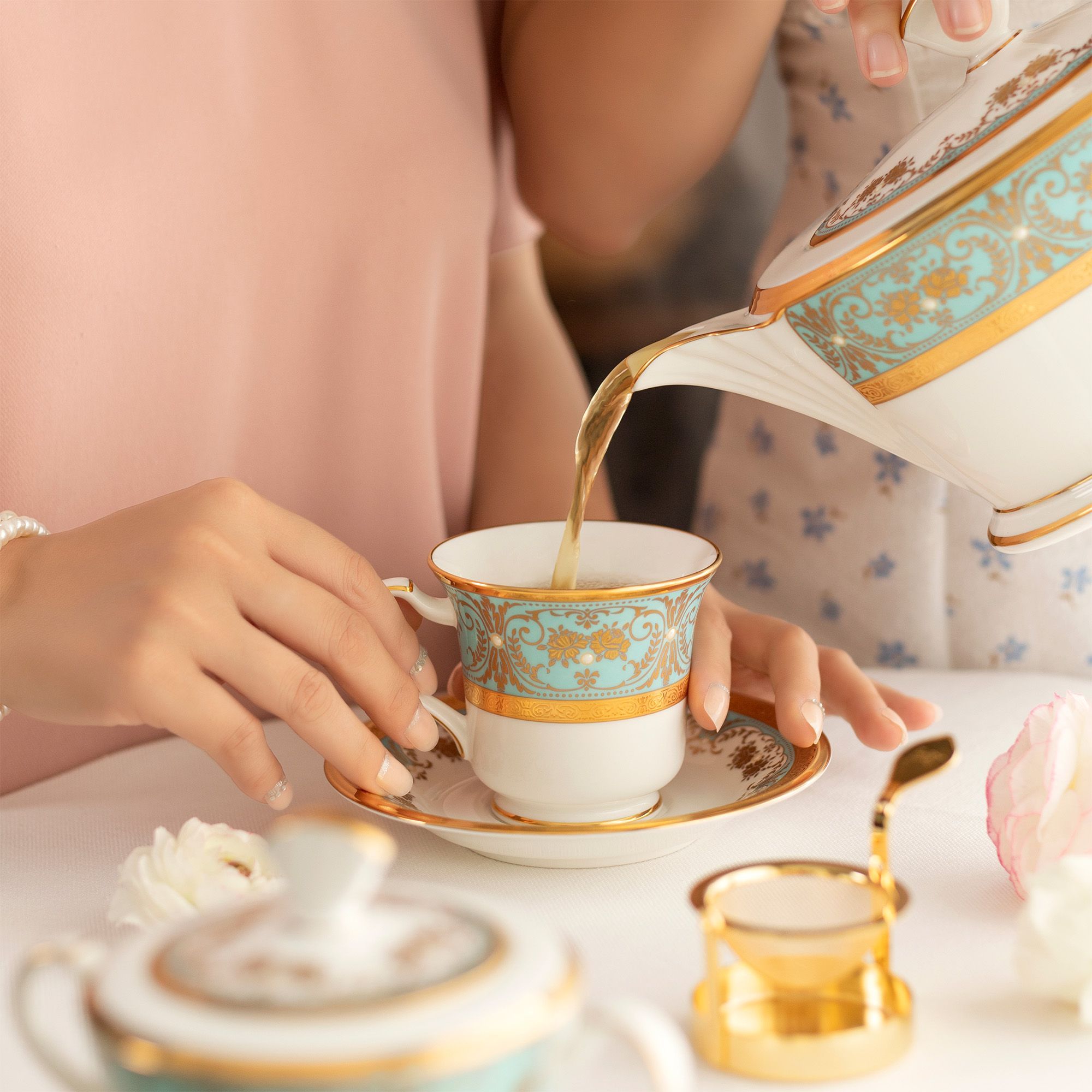 Chén trà (tách trà) dung tích 220ml kèm đĩa lót sứ xương Nhật Bản | Noritake Georgian Turquoise 4857J - T59589