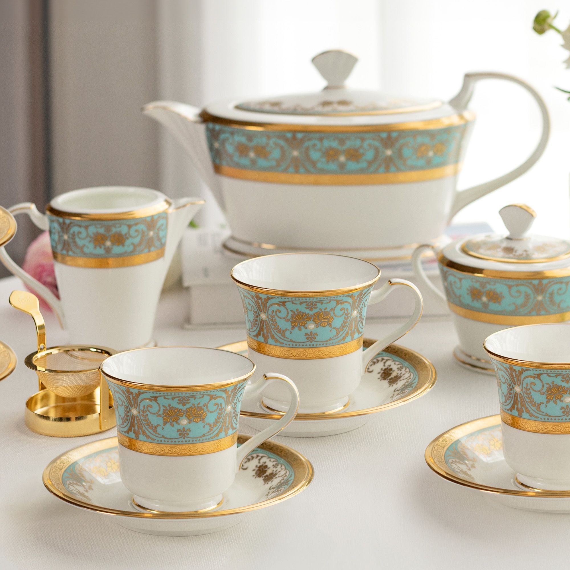 Chén trà (tách trà) dung tích 220ml kèm đĩa lót sứ xương Nhật Bản | Noritake Georgian Turquoise 4857J - T59589