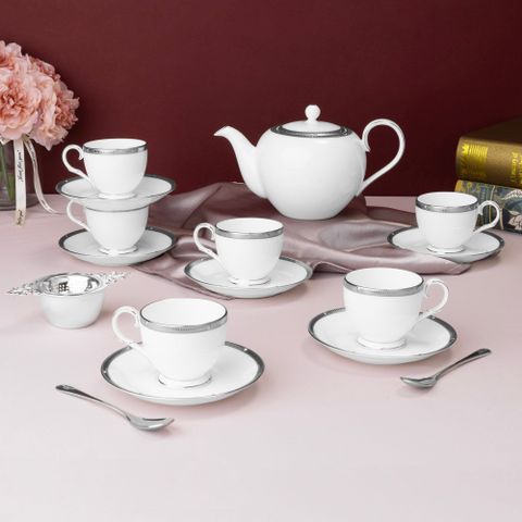  Bộ ấm chén uống trà nhỏ (ấm 650ml, chén 105ml) 13 món sứ xương | Noritake Rochelle Platinum 4795L - T014S 